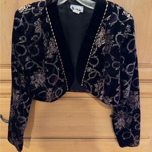 1980s Vintage Patra Black and Gold Embroidered Womens Bolero Blazer Jacket Small